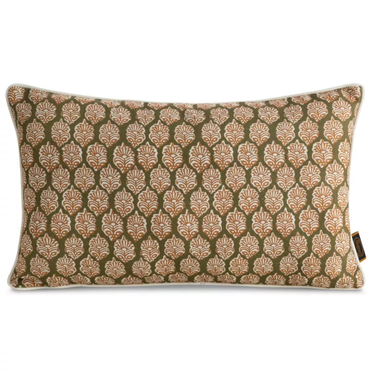 Poszewka na poduszkę 30x50 cm z bawełniano, lnianej tkaniny oliwkowo, brązowa z ozdobnym wzorem LEN 60