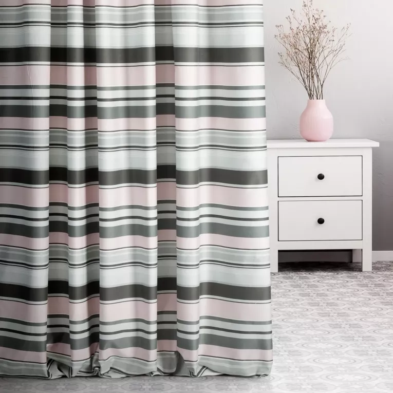 Zasłona szyta na taśmie 5 cm MAINCY popielata z tkaniny bawełnianej w kolorowe pasy