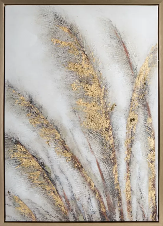 Obraz ręcznie malowany na płótnie z motywem trawy pampasowej  ze złotymi akcentami oprawiony w ramę