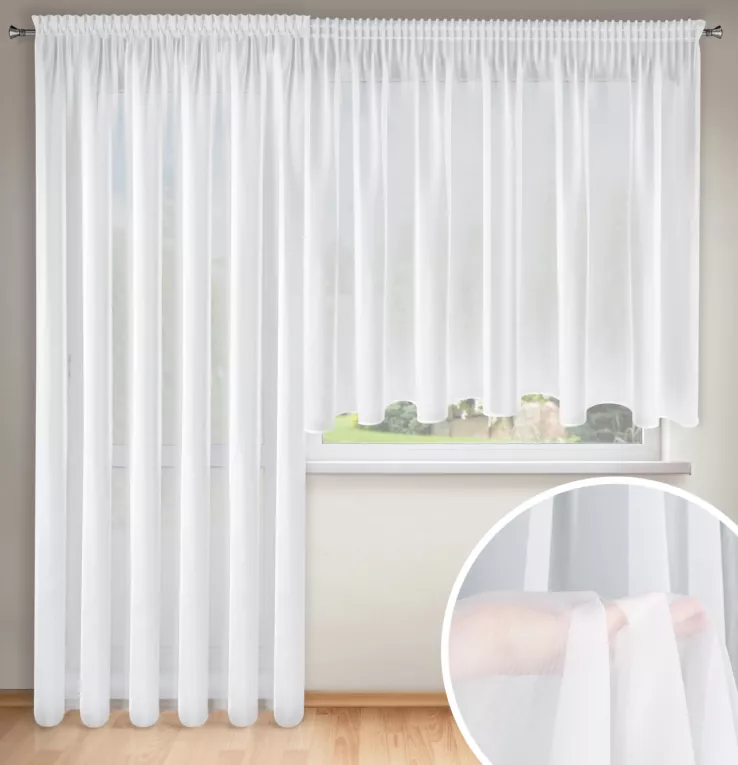 Komplet białych firan 2szt z gładkiego woalu na okno i drzwi balkonowe 400x145 cm / 200x245 cm taśma AGA