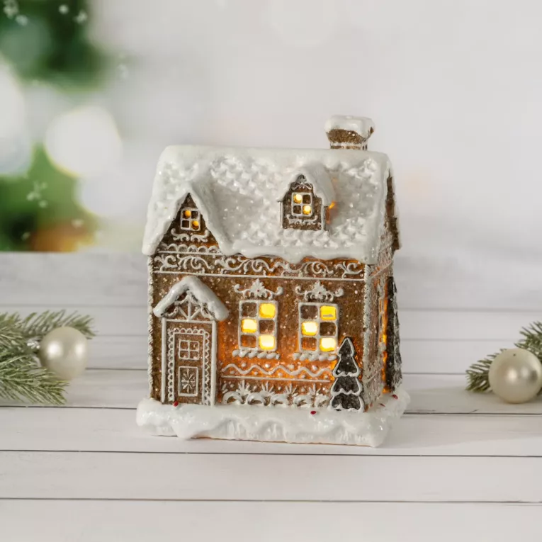 Figurka świąteczna DOMEK Z PIERNIKA ze światełkami LED