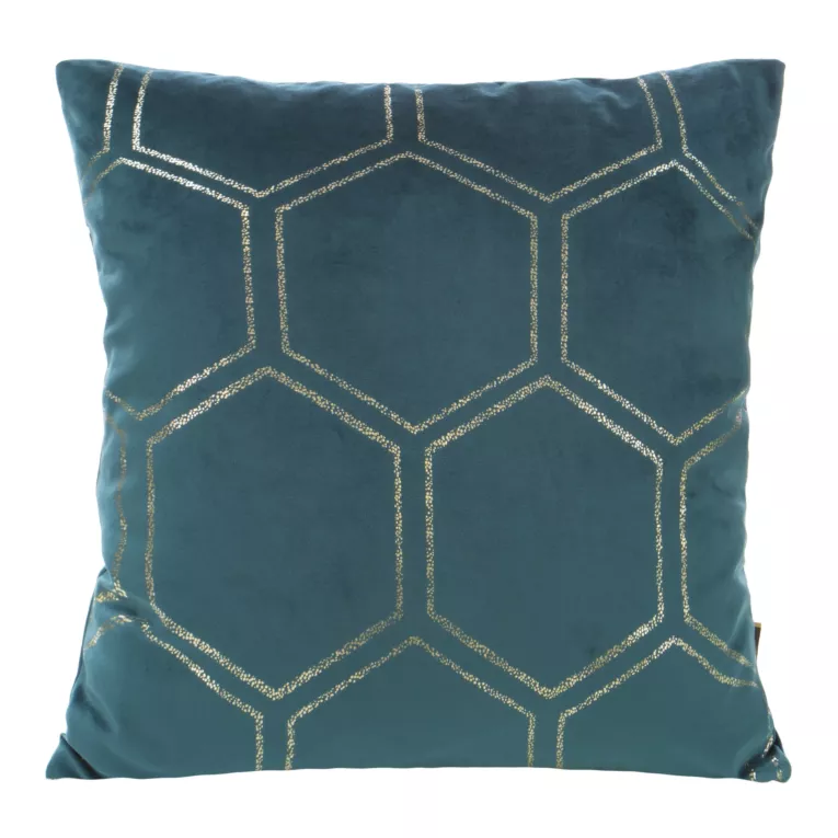 Poszewka na poduszkę 45x45 cm welwetowa ciemnoturkusowa ze złotym wzorem plastra miodu BLINK