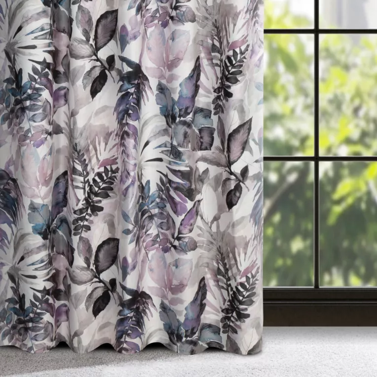 Zasłona biało, fioletowa z motywem liści 140x270 cm taśma - LILIA
