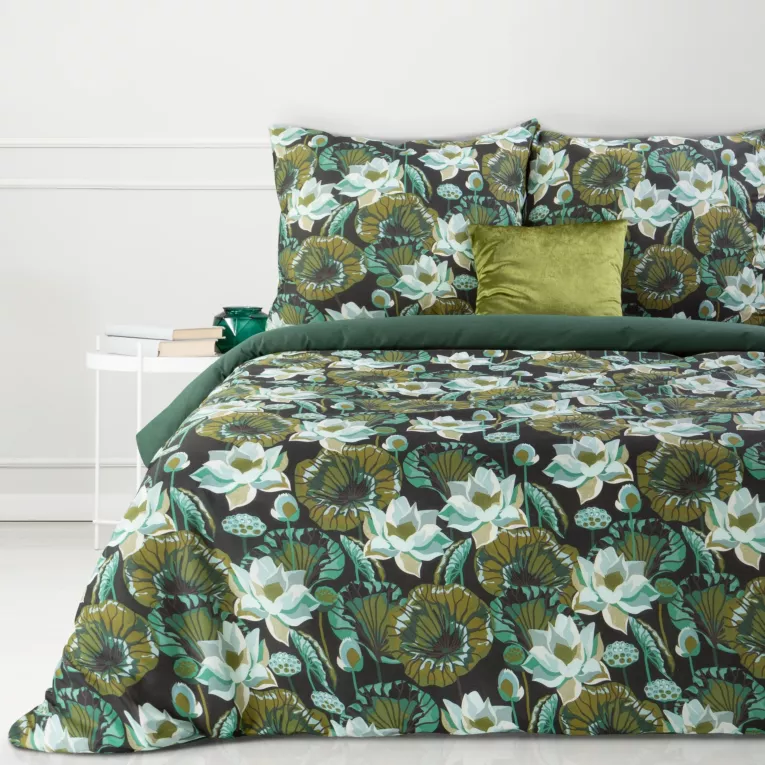 Pościel 220x200 cm bawełniana kolor ciemnozielony, czarny z wzorem kwiatowym SONIA 7