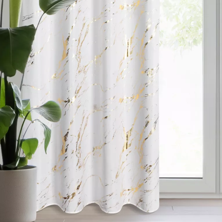 Zasłona biało, złocista zdobiona nadrukiem marmurku 140x250 cm przelotka LANI
