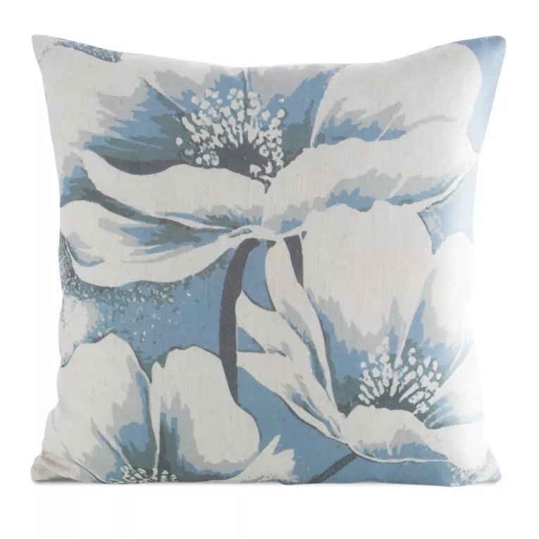 Poszewka na poduszkę 45x45 cm o strukturze lnu z nadrukiem subtelnych kwiatów kremowo, niebieska LEN