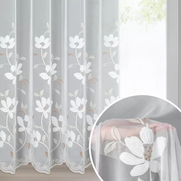 Firana biało, brązowa SANDI z tkaniny typu peru zdobiona haftem 350x250 cm przelotka - SANDI