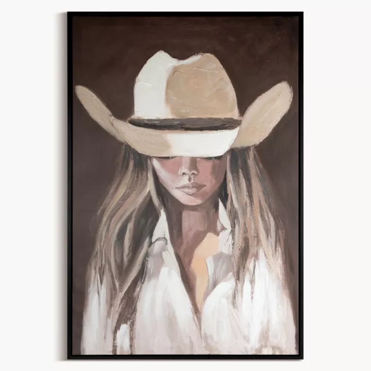 Obraz brązowo, kremowy nadruk na płótnie portret kobiety w kapeluszu 80x120 cm