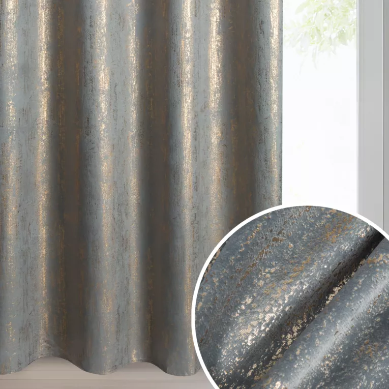 Zasłona srebrna welwetowa zdobiona złotym przecieranym wzorem złote przelotki - DARA