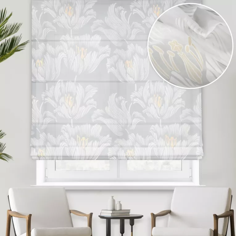 Roleta rzymska naturalna burnout z miękkiej tkaniny wiskozowej w kwiatowy wzór, wykończona obciążnikiem