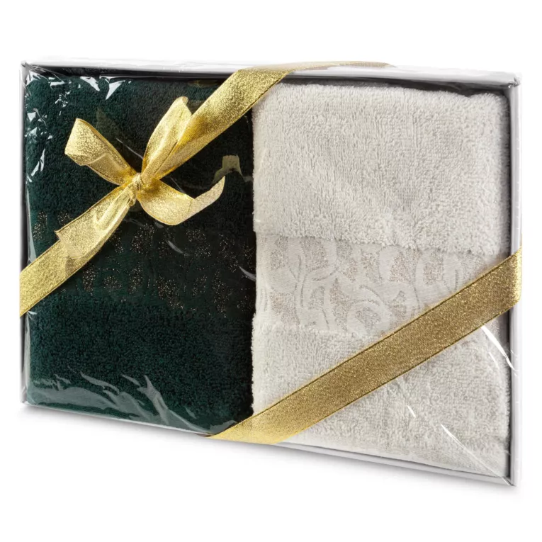 Zestaw ręczników bawełnianych na prezent 2 szt 50x90 cm kolor kremowy, ciemnozielony 450 g/m2 BLINK