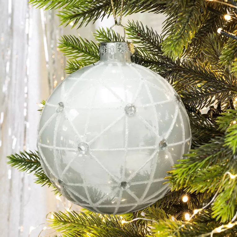 Bombka z szklana ręcznie zdobiona geometryczną aplikacją z brokatu i kryształków w stylu art deco