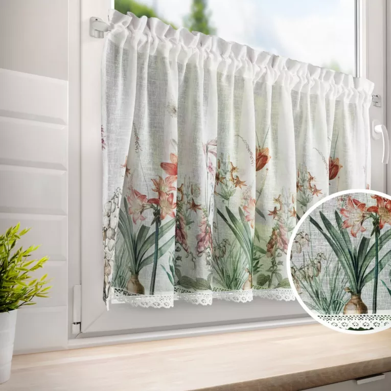 Zazdrostka biało, fioletowa z etaminy zdobiona nadrukiem letnich kwiatów 60x150 cm NEMEZJA