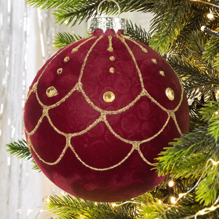 Bombka welwetowa ręcznie zdobiona brokatem i kryształkami