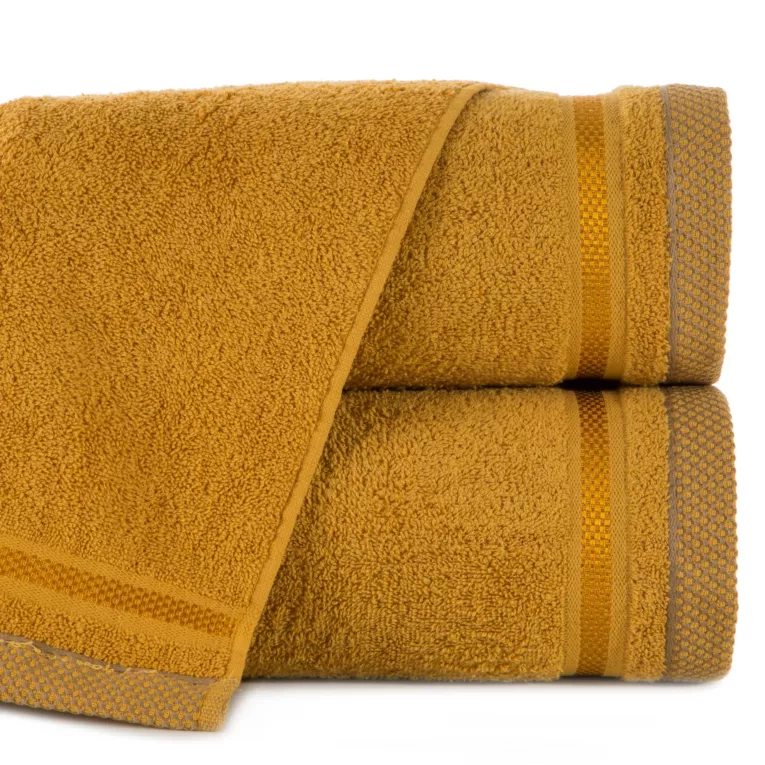 Ręcznik do rąk 30x50 cm bawełniany kolor ciemnożółty z bordiurą w paski 500 g/m2 ABBIE