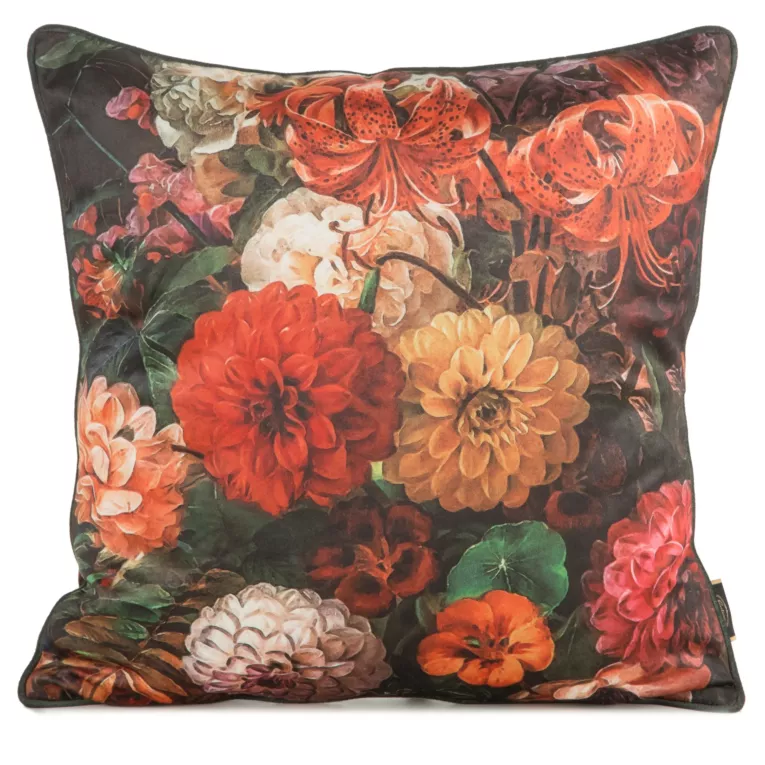 Poszewka na poduszkę 45x45 cm welwetowa kolor ciemnopomarańczowy, ciemnozielony z motywem malarskich kwiatów i estetyczną lamówką VELEVT 110