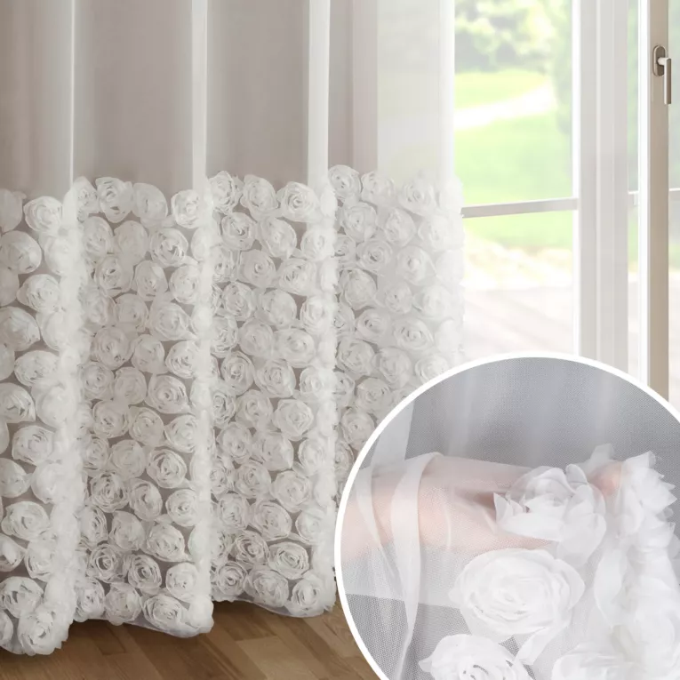 Firana biała z siateczki zdobiona aplikacją 3D w róże 140x250 cm przelotka - ROSES2 - Eva Minge