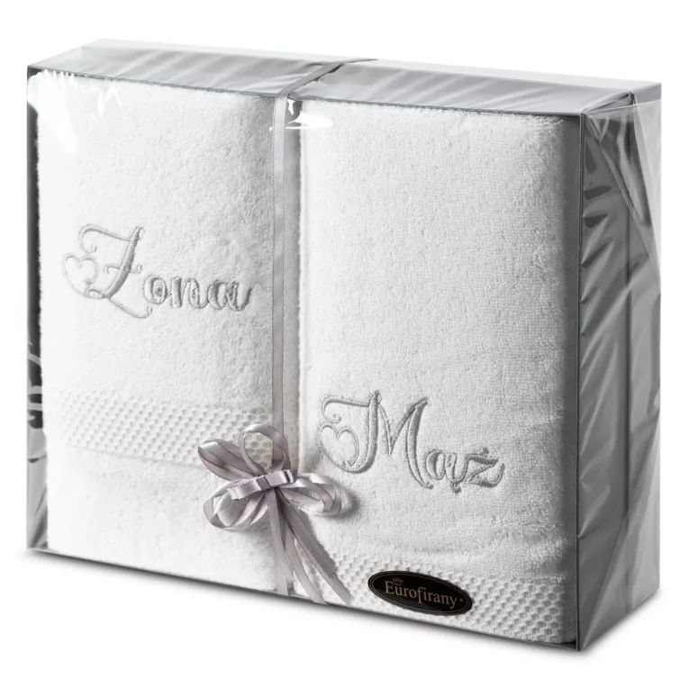 Zestaw ręczników bawełnianych na prezent 2 szt 70x140 cm kolor biały z haftem ŻONA MĄŻ