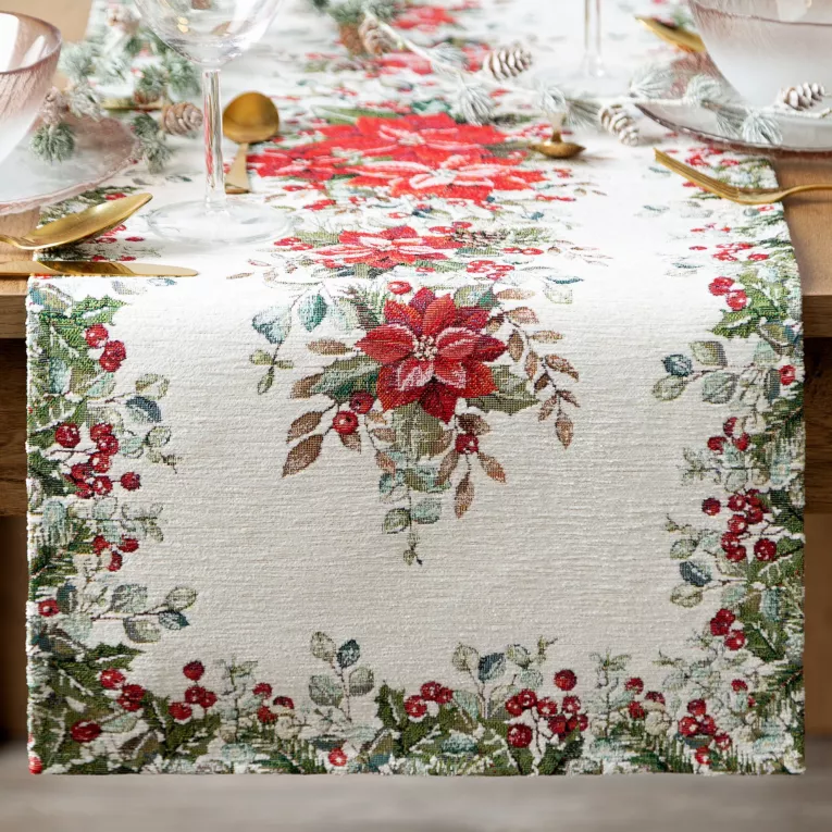 Świąteczny bieżnik kolor naturalno, zielony 40x100 cm z szenilowej tkaniny zdobiony świątecznym motywem