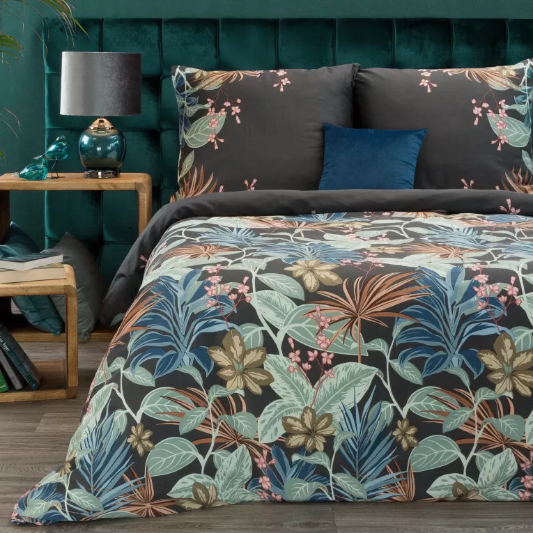 Pościel 160x200 cm bawełniana kolor czarny, miętowy z kwiatowym wzorem ADAM Diva Line