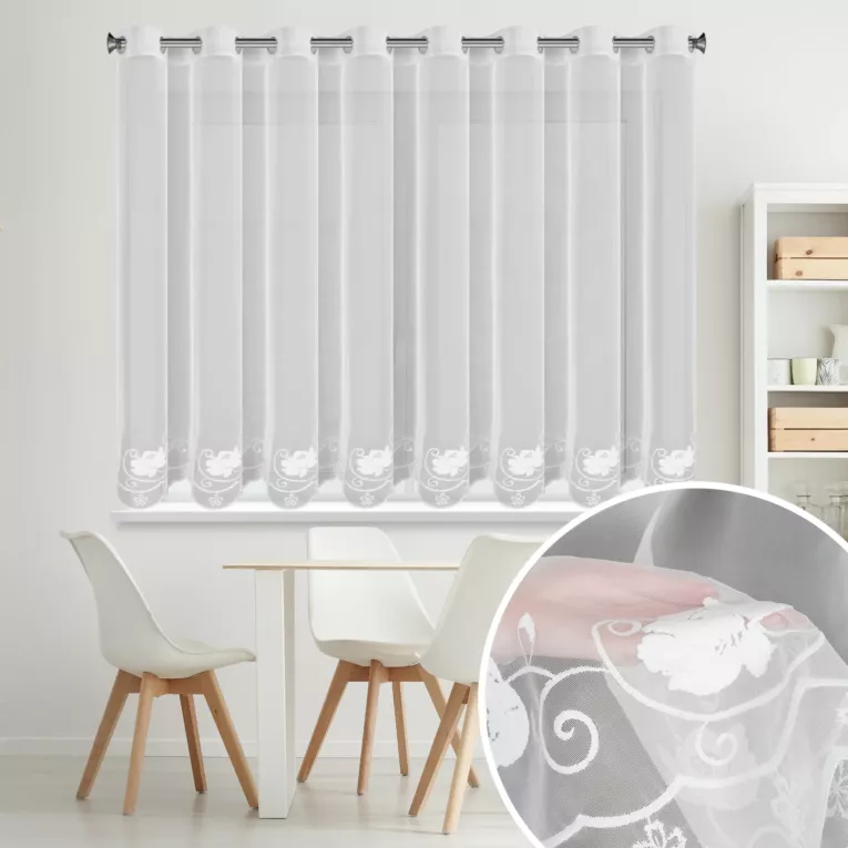 Firana biała z drobnej siateczki zdobiona subtelnym haftem 350x160 cm przelotki - LETI