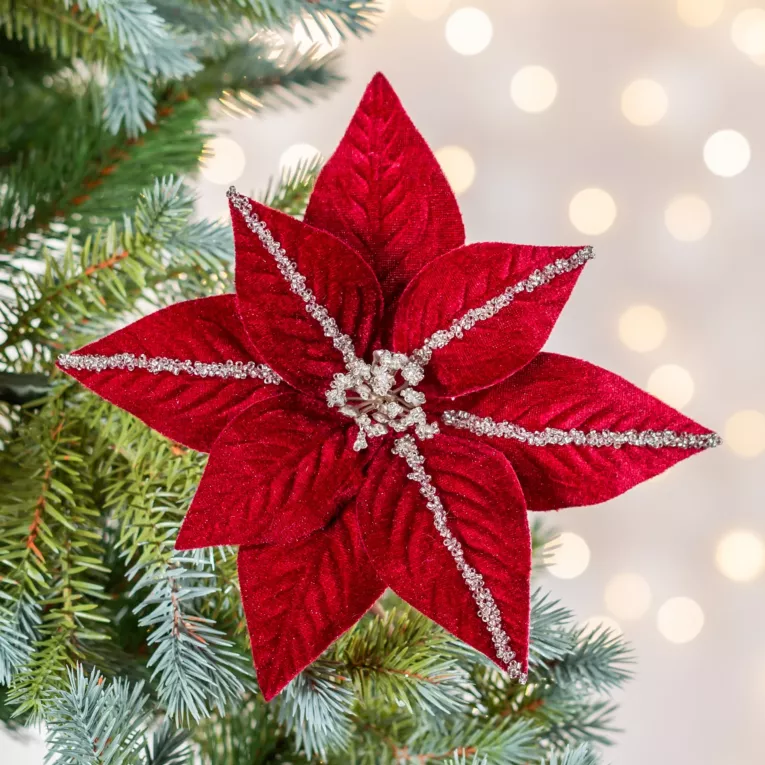 Świąteczny kwiat dekoracyjny z welwetu z dodatkiem lśniących kuleczek