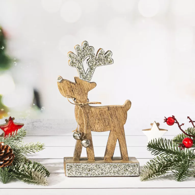 Figurka drewniana uroczy RENIFER z dzwoneczkami i srebrnymi błyszczącymi rogami
