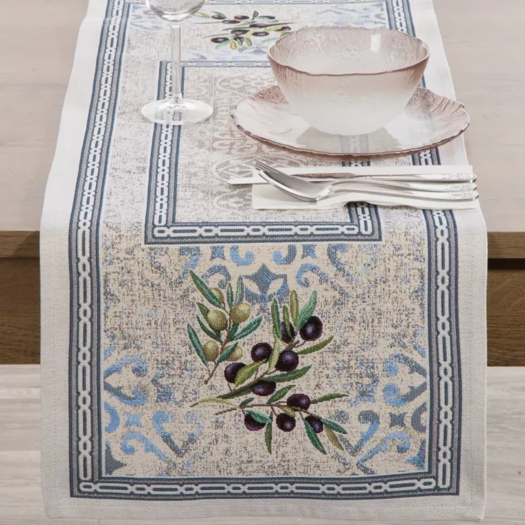 Bieżnik na stół naturalno, niebieski 40x100 cm gobelinowy w stylu śródziemnomorskim