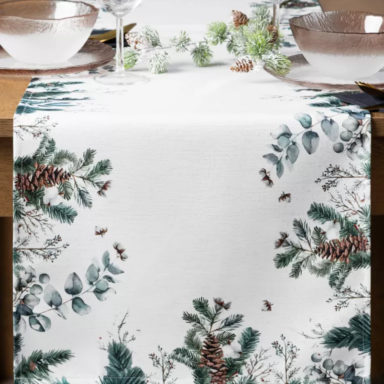 Bieżnik świąteczny na stół 40x140 cm biało, zielony zdobiony zimowym nadrukiem