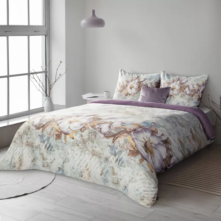 Pościel 140x200 cm bawełniana kolor jasnokremowy, fioletowy wzór kwiatowy SPRING 26