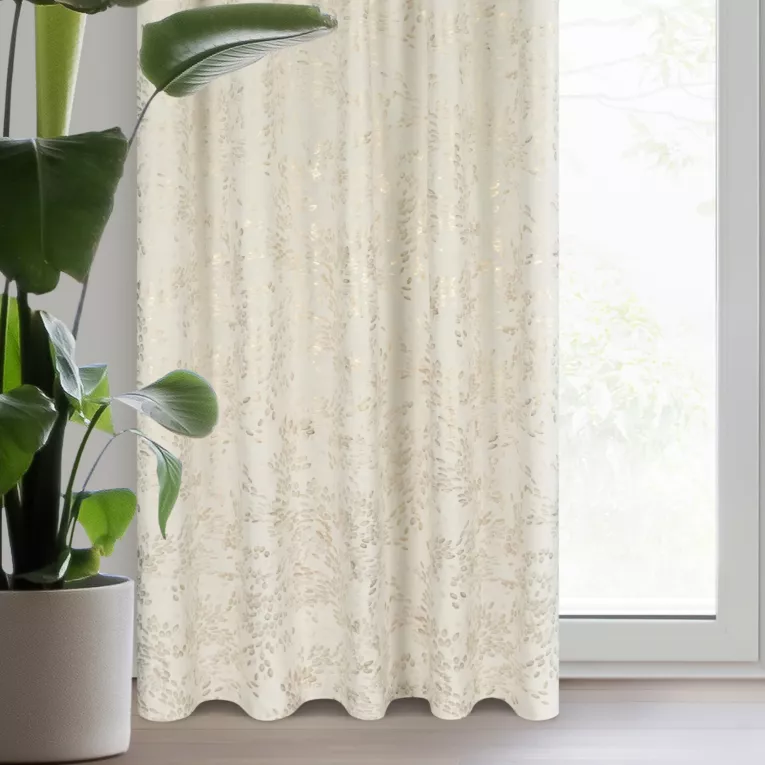 Zasłona welwetowa kremowa zdobiona nadrukiem liści 140x270 cm taśma - FELIS