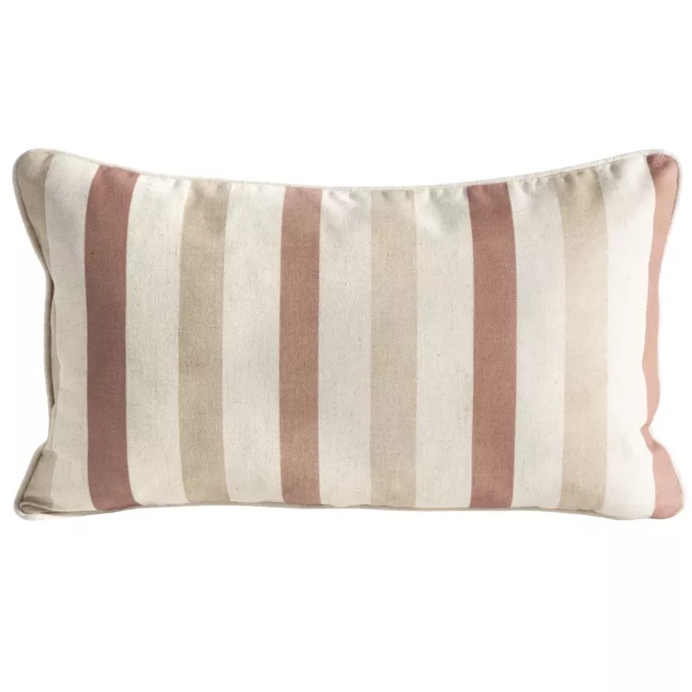 Poszewka na poduszkę 30x50 cm bawełniana z dodatkiem lnu zdobiona subtelnym nadrukiem pasów kremowo, ceglasta LEN