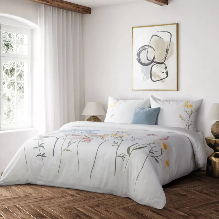 Ekskluzywna pościel 220x200 cm bawełniana kolor biały, jasnoszary z kwiatowym wzorem Reina Line