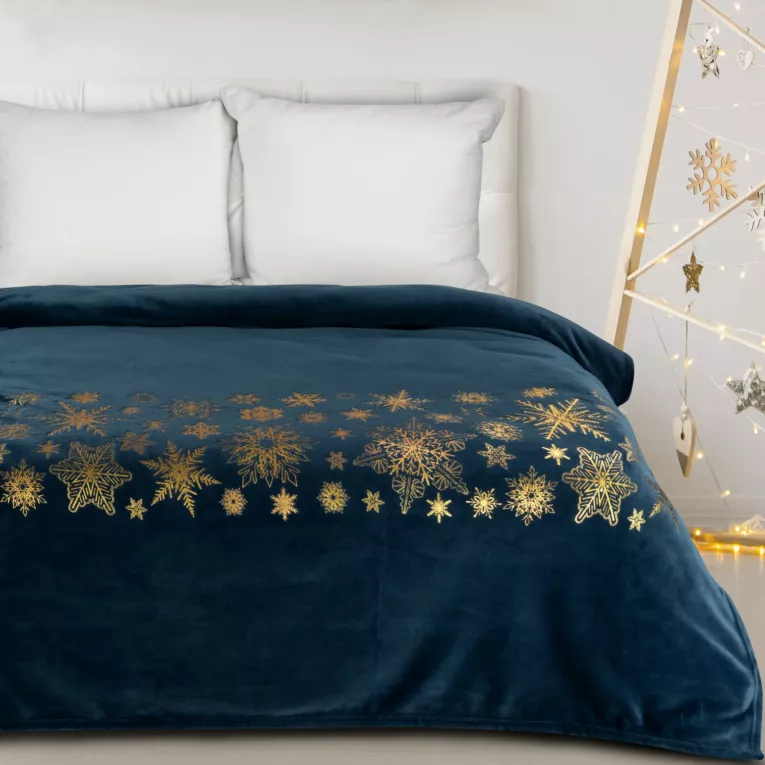 Koc 150x200 cm granatowo, złoty ozdobiony gwiazdkami JOY