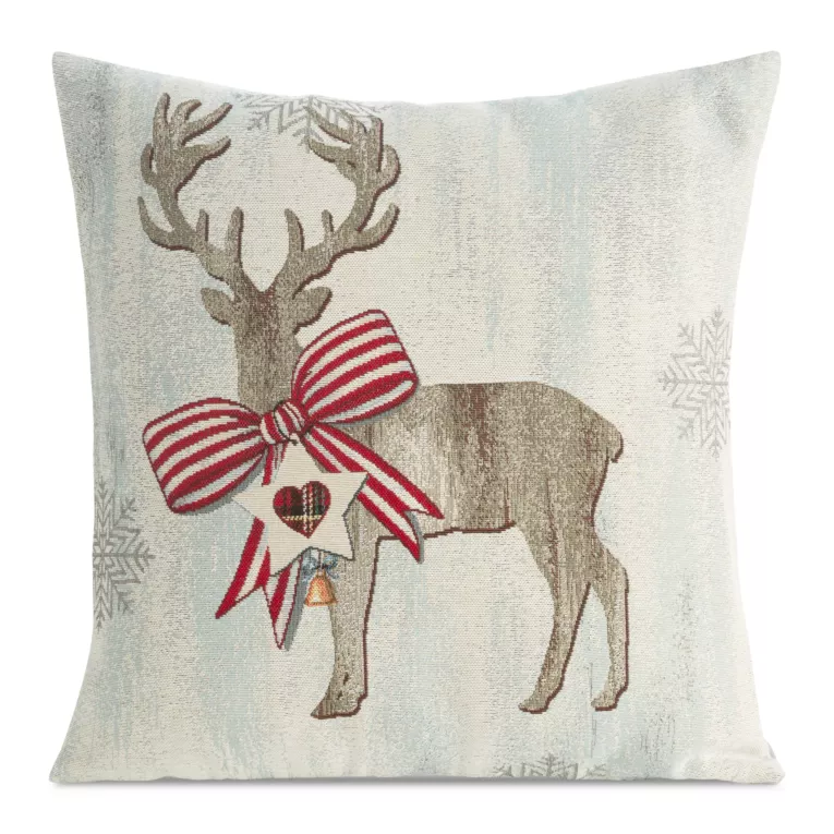 Poszewka na poduszkę 45x45 cm bawełniana, gobelinowa naturalno, beżowa z mieszanki włókien zdobiona motywem renifera GOB
