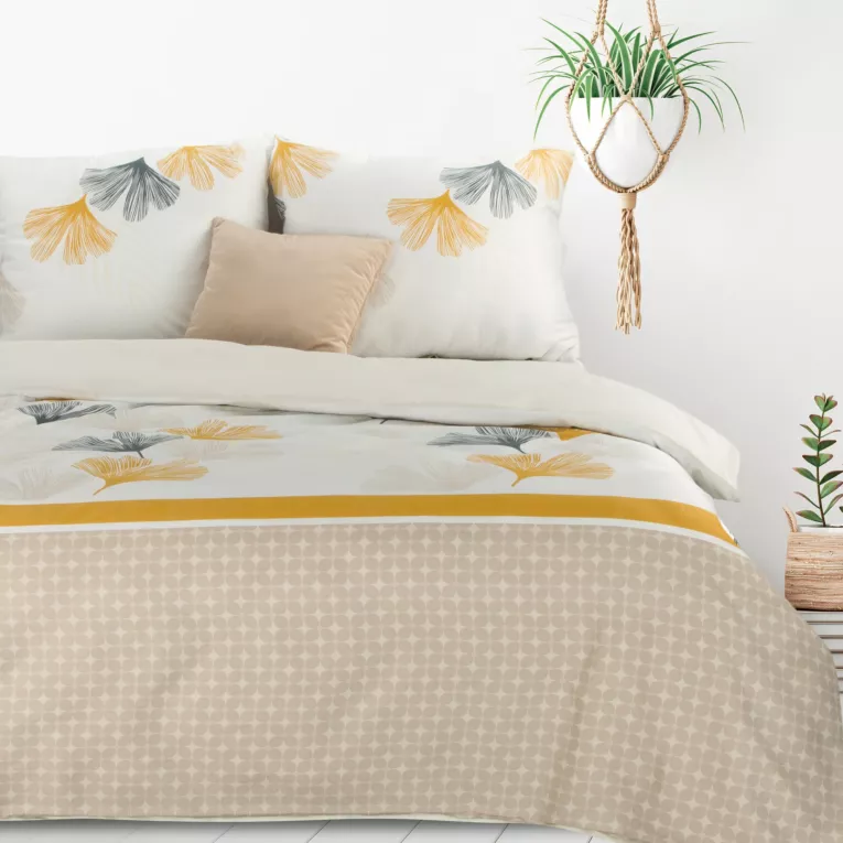 Pościel 220x200 cm z mieszanki włókien kolor biały, beżowy z motywem liści miłorzębu LEA7 Design 91
