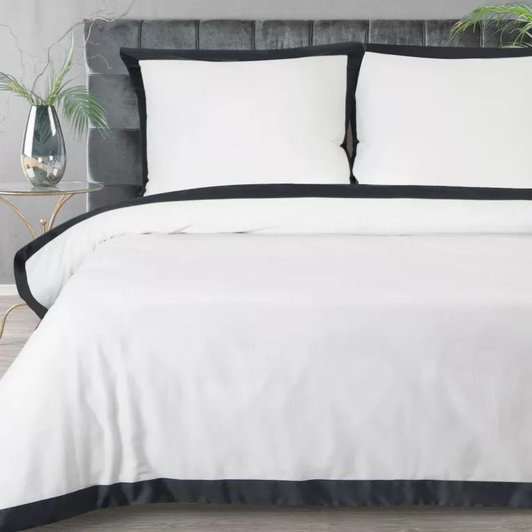 Pościel 160x200 cm z satyny bawełnianej kolor biały, czarny z kontrastującym obszyciem LAURA