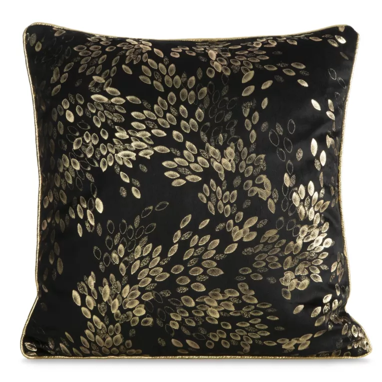 Poszewka na poduszkę 45x45 cm welwetowa czarno, szampańska zdobiona motywem drobnych liści FELIS