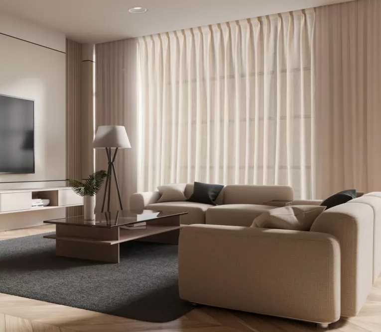 Firana beżowa  kreszowana z dodatkiem lnu flex 1:2 195x266 cm szerokość po zmarszczeniu