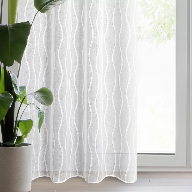 Firana biała z etaminy zdobiona puszystą aplikacją geometryczną 140x250cm przelotka FELICJA