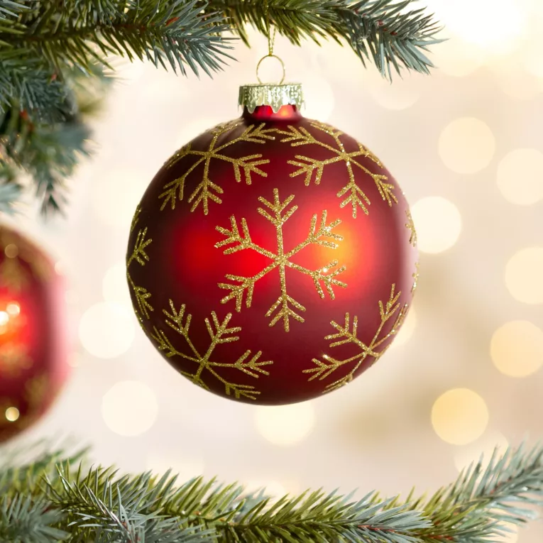 Bombka szklana ręcznie zdobiona brokatowymi śnieżynkami