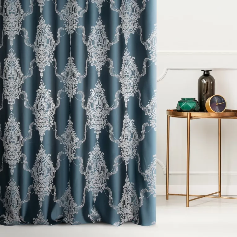 Zasłona szyta na taśmie 5 cm granatowo srebrna z eleganckiej tkaniny w duży ornamentowy wzór