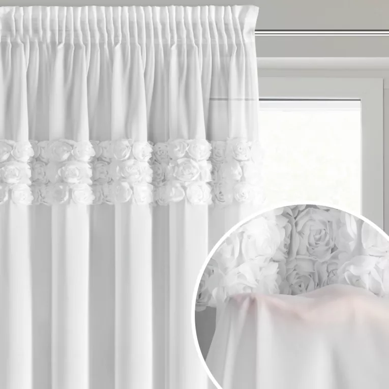 Firana biała z szyfonu zdobiona pasami 3D róż 140x270 cm taśma - ROSES - Eva Minge