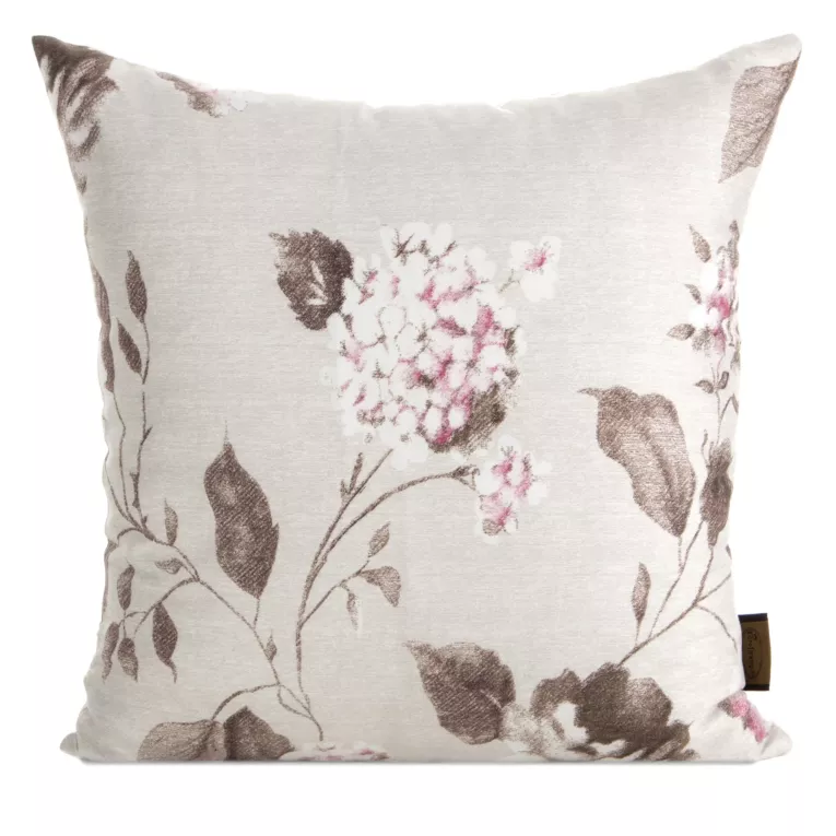 Poszewka na poduszkę 40x40 cm z satyny bawełnianej kolor beżowy, jasnobrązowy zdobiona nadrukiem kwiatów SPRING 45