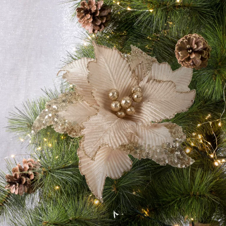 Świąteczny kwiat dekoracyjny z welwetowej tkaniny z wytłaczanymi płatkami i cekinami