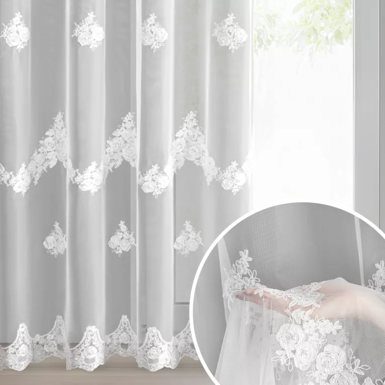 Firana biała zdobiona haftem 140x250 cm przelotki - ISARI