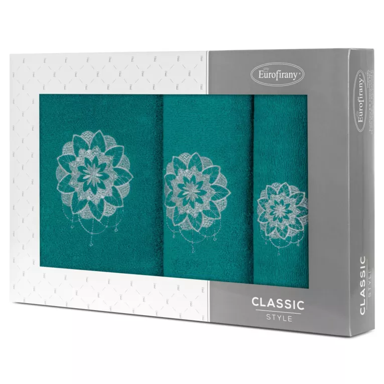 Zestaw ręczników bawełnianych na prezent 3 szt kolor ciemnoturkusowy ,srebrny z haftowanym motywem lotosu 380g/m2 LOTUS