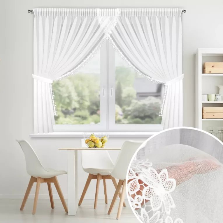Firana biała z etaminy zdobiona ażurową koronką 400x160 cm troczek w zestawie, taśma - ARTEMIDA
