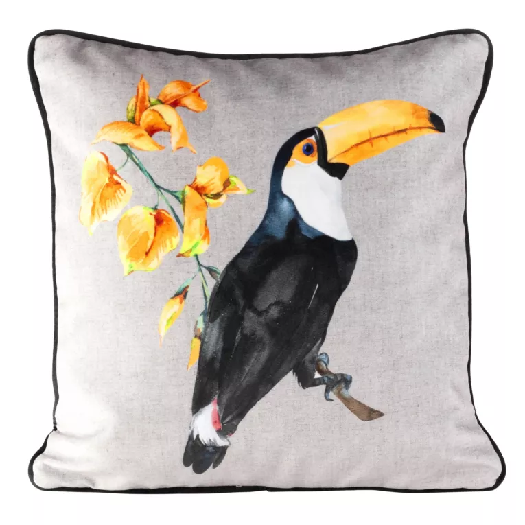 Poszewka welwetowa MONTEGO 2 z nadrukiem egzotycznych ptaków z kontrastującą wypustką na brzegach, dwustronna