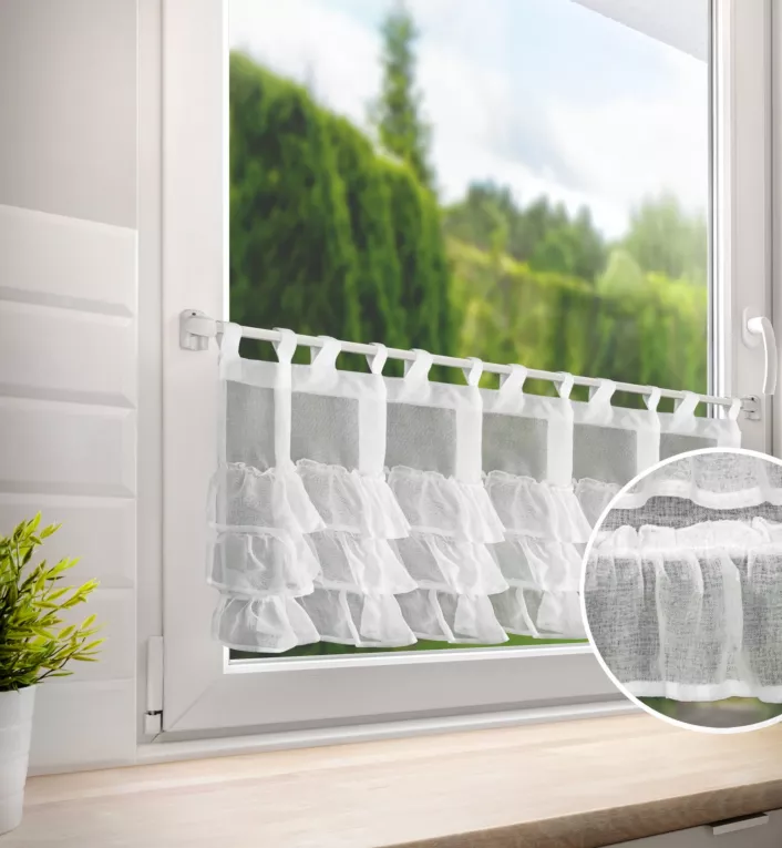 Zazdrostka biała z etaminy zdobiona subtelnymi falbanami 150x45 cm szelki LILIAN